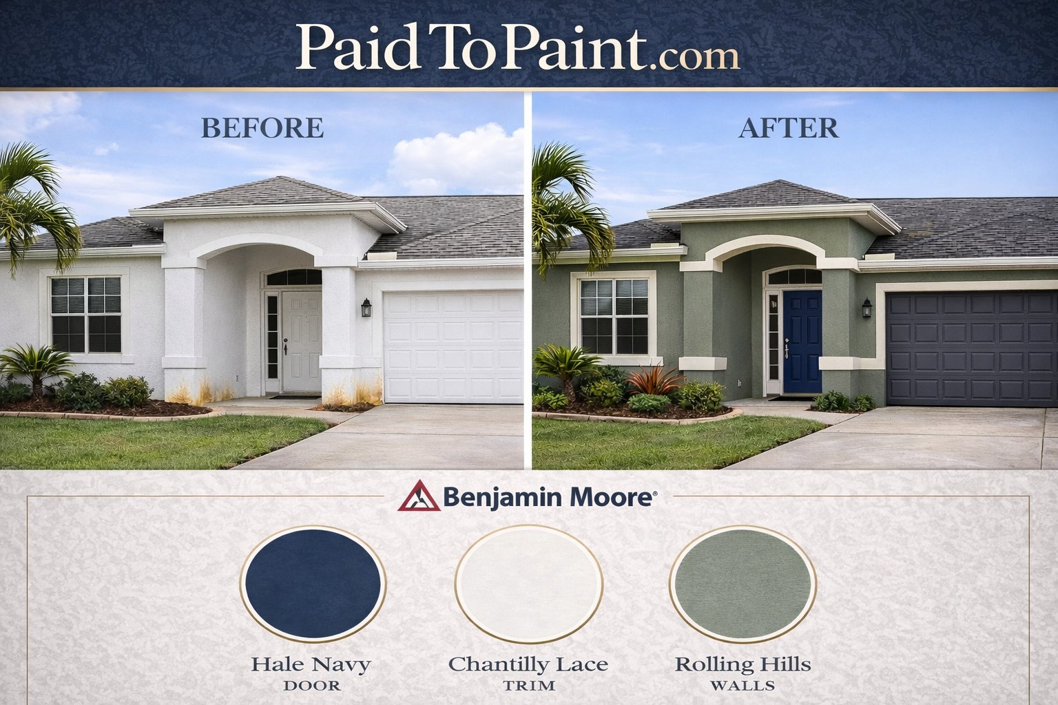 Exterior painting before and after — Wellington FL home transformation by Paid to Paint