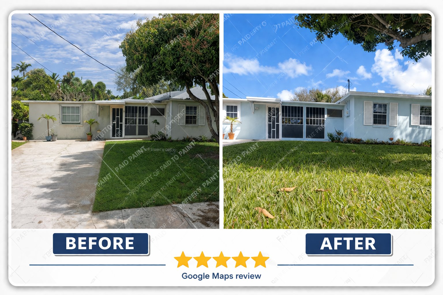 Before and after exterior painting — 5-star Google reviewed project by Paid to Paint